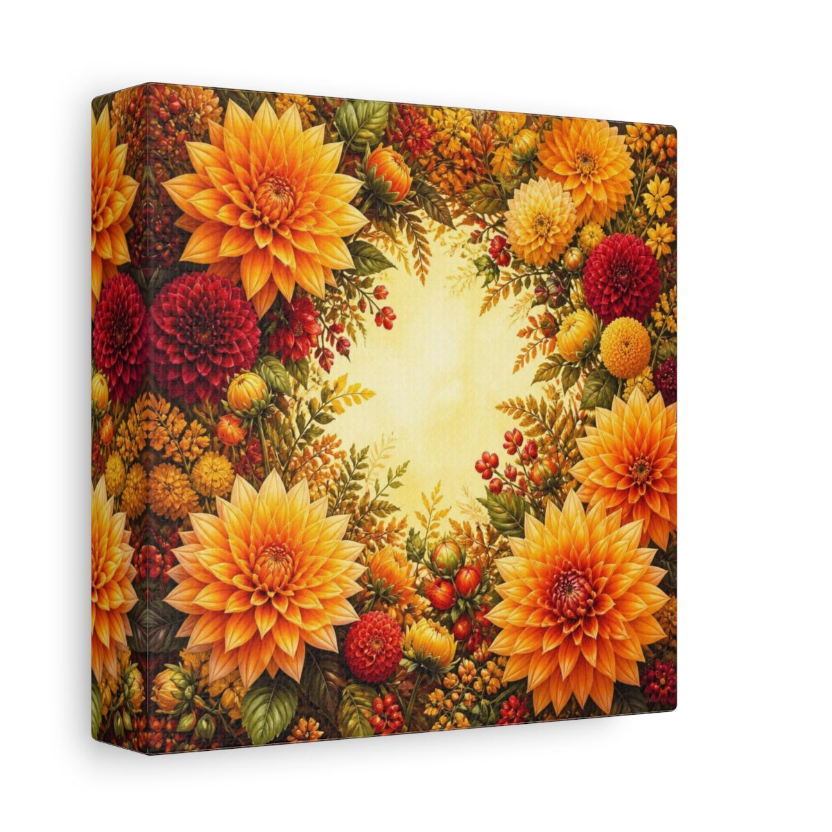 Side Mockup 2. Golden Dahlia Flowers shown as canvas print