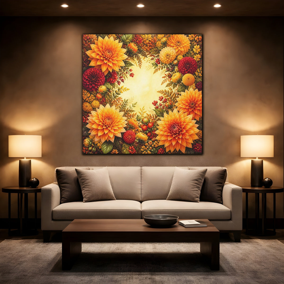 Mockup 2. Golden Dahlia Flowers shown as canvas print