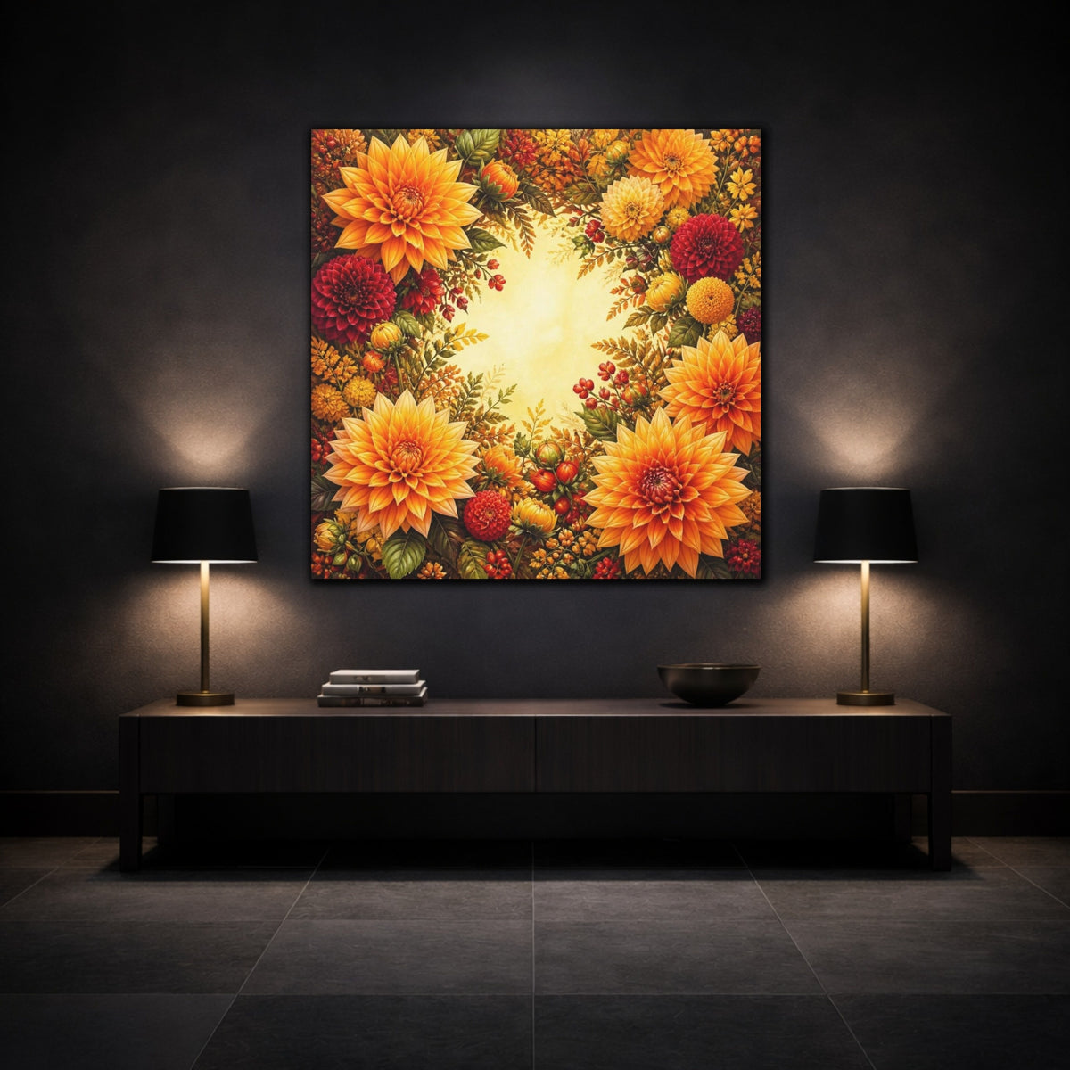 Mockup 3. Golden Dahlia Flowers shown as canvas print
