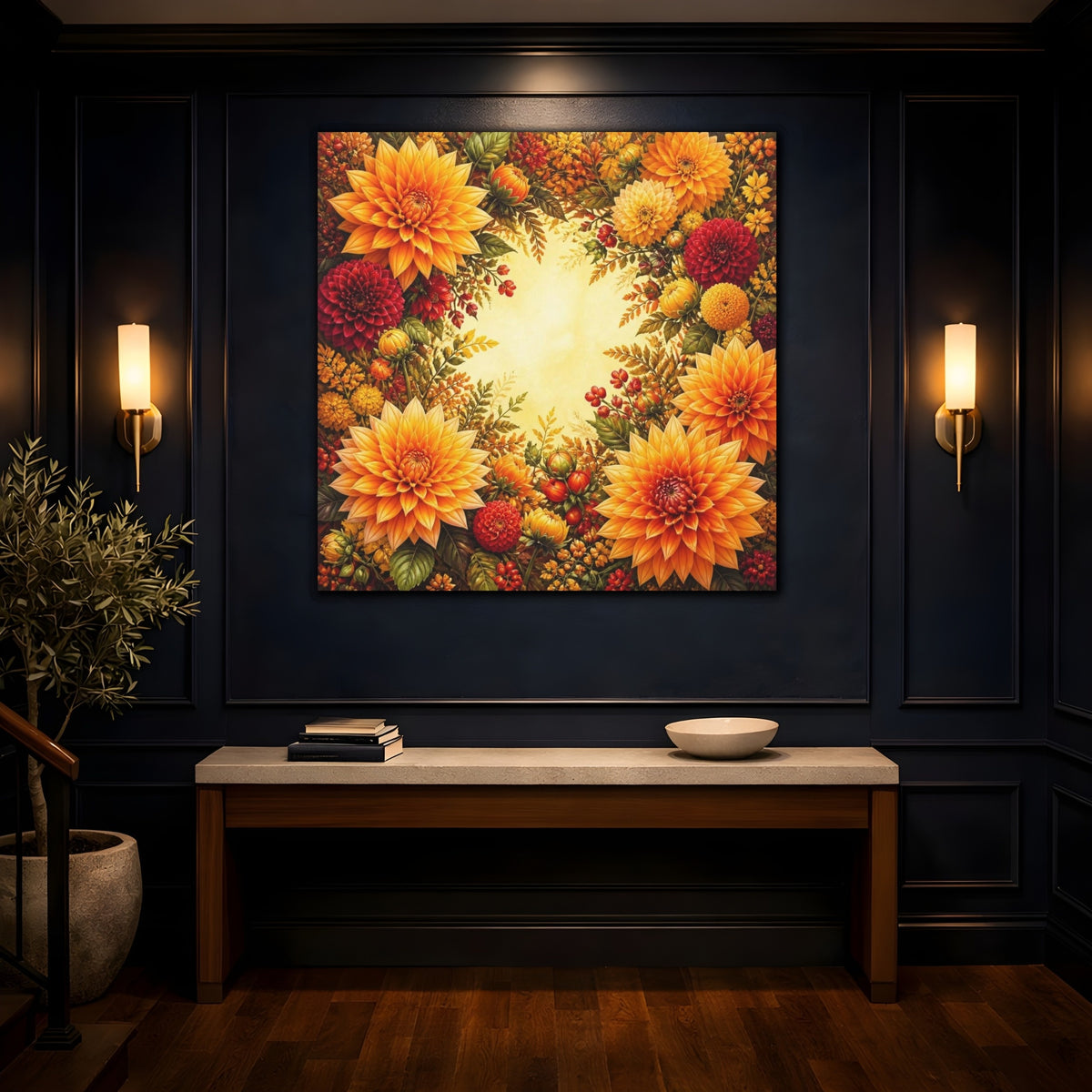 Mockup 4. Golden Dahlia Flowers shown as canvas print