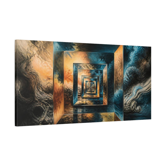 Main Mockup. Golden Geometric Tunnel shown as canvas print