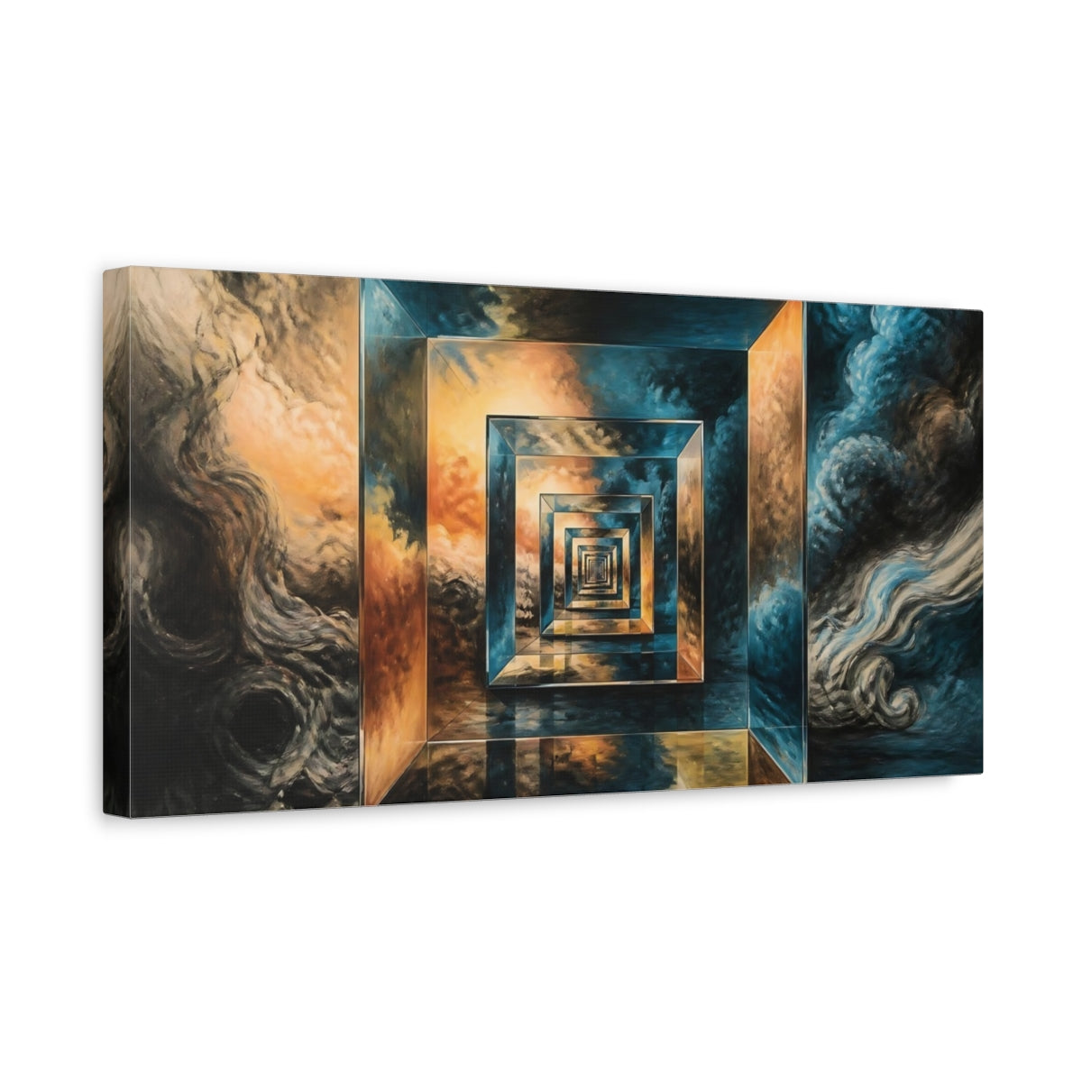 Side Mockup 3. Golden Geometric Tunnel shown as canvas print