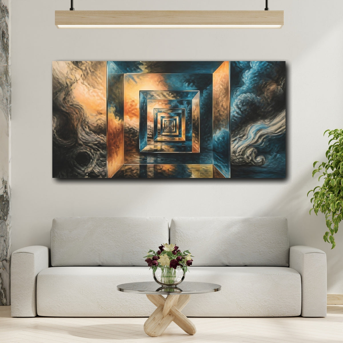Mockup 2. Golden Geometric Tunnel shown as canvas print