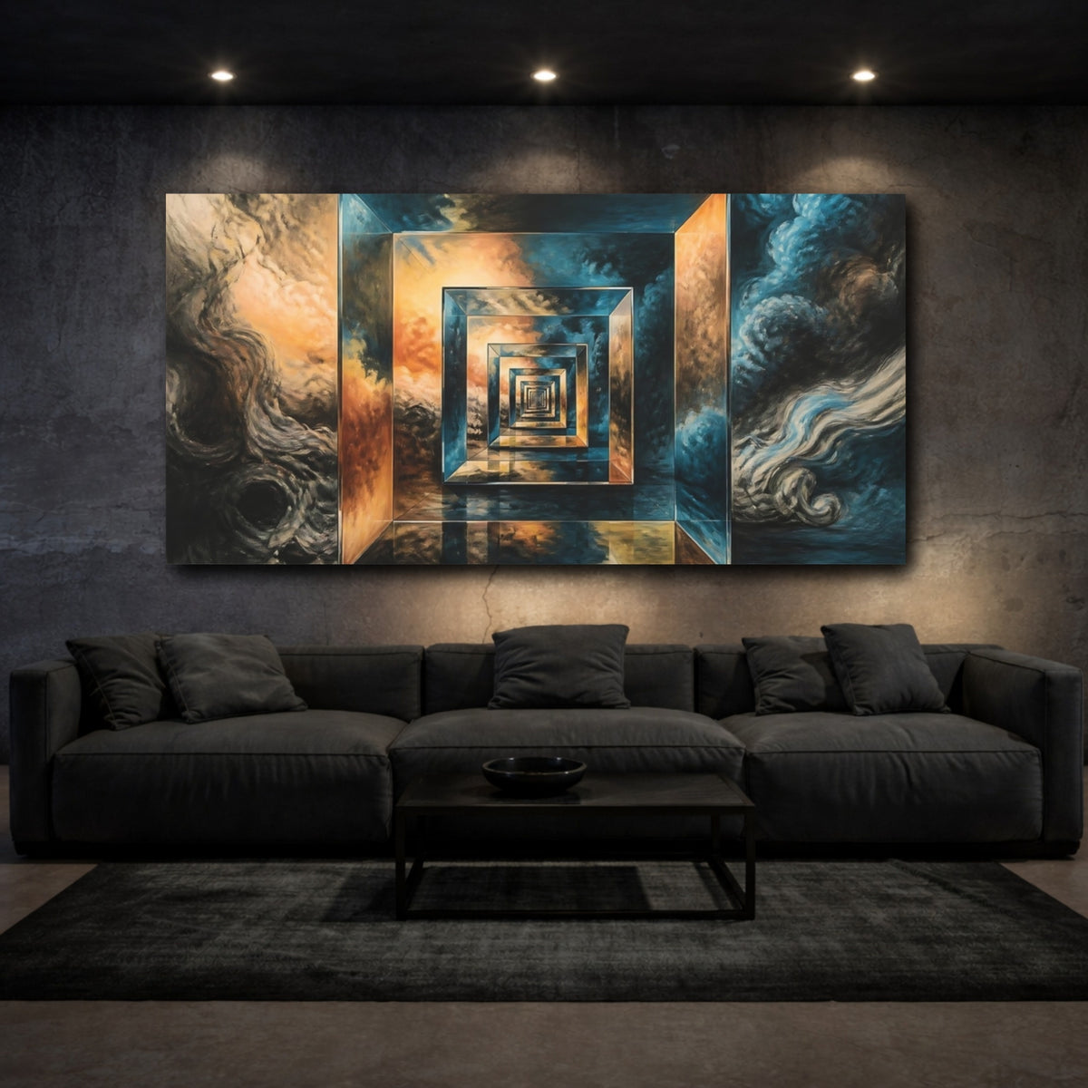 Mockup 3. Golden Geometric Tunnel shown as canvas print
