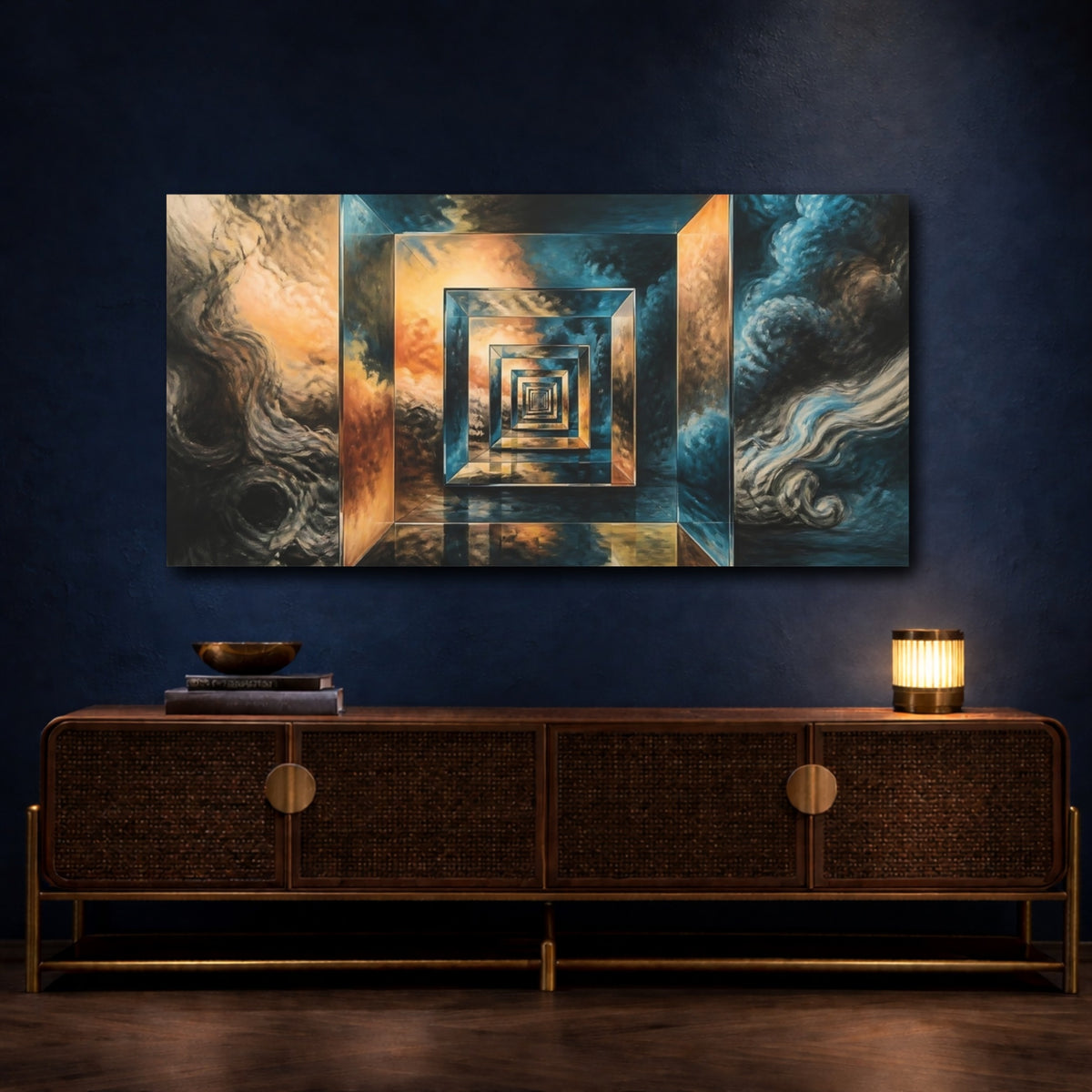 Mockup 4. Golden Geometric Tunnel shown as canvas print