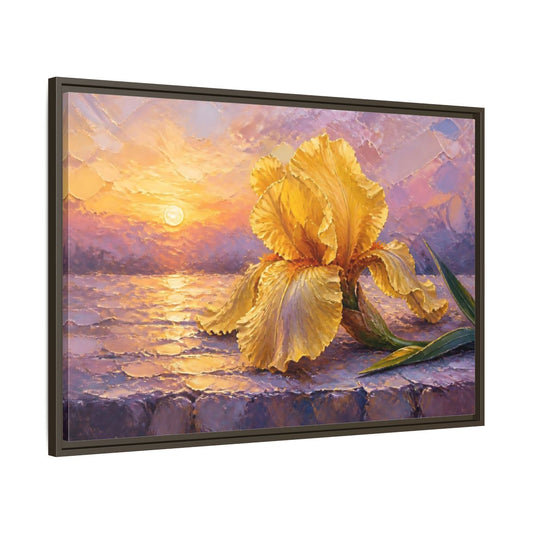 Main Mockup. Golden Iris Flowers At Dawn shown as framed canvas print