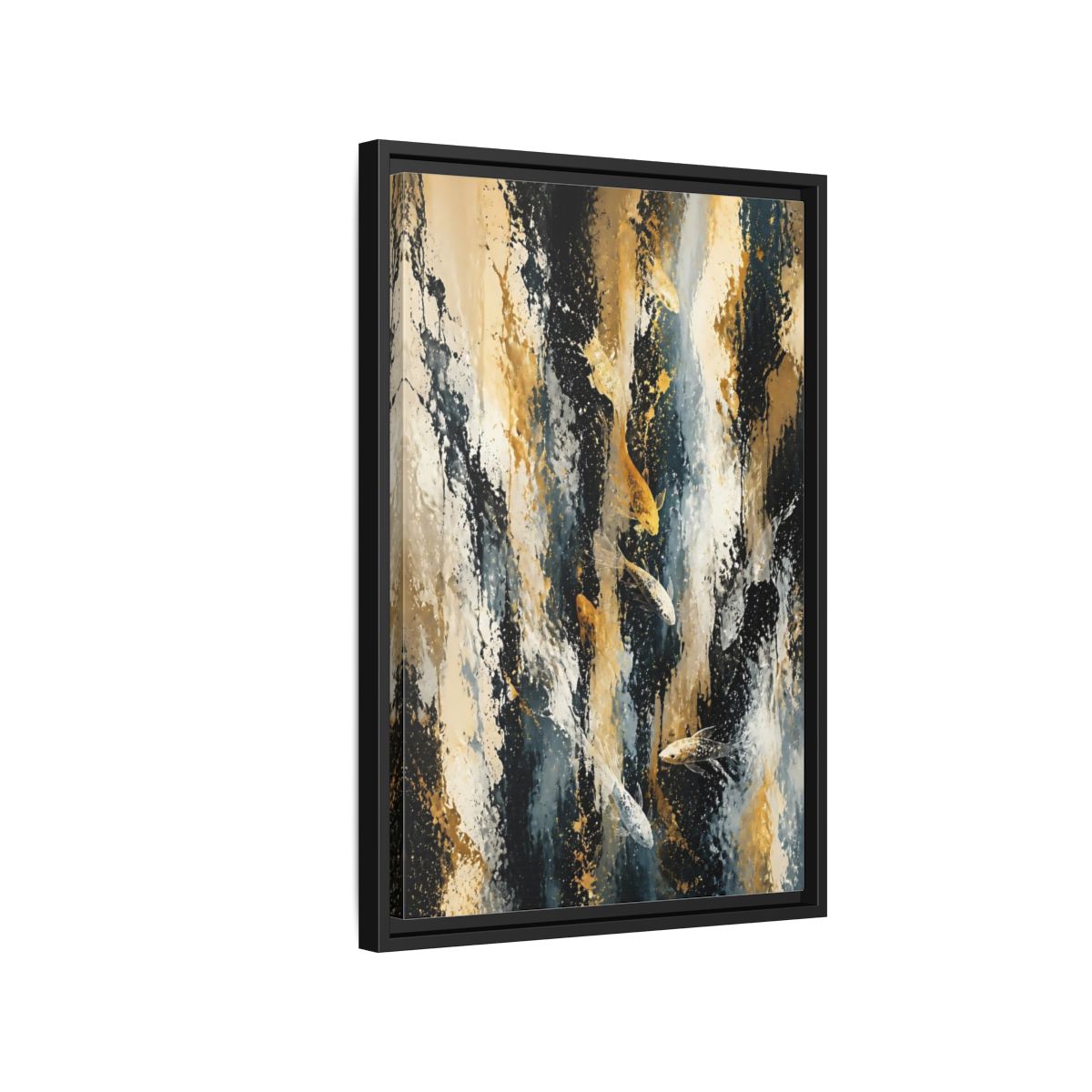 Side Mockup 3. Golden Koi Cascade shown as framed canvas print