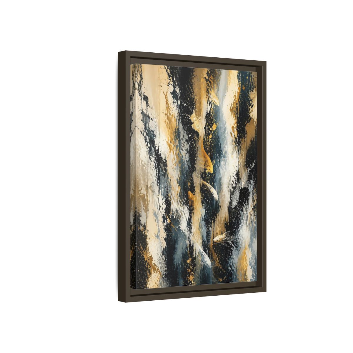 Side Mockup 5. Golden Koi Cascade shown as framed canvas print