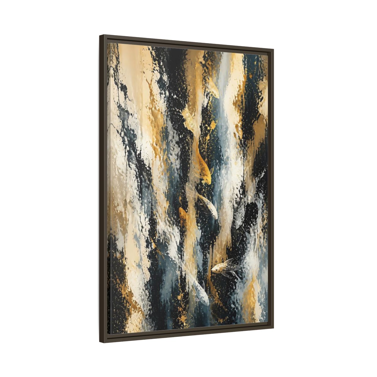 Main Mockup. Golden Koi Cascade shown as framed canvas print