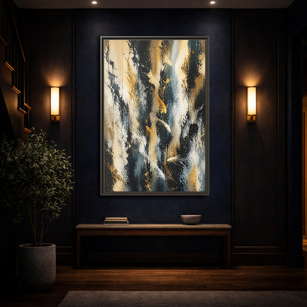 Mockup 4. Golden Koi Cascade shown as framed canvas print