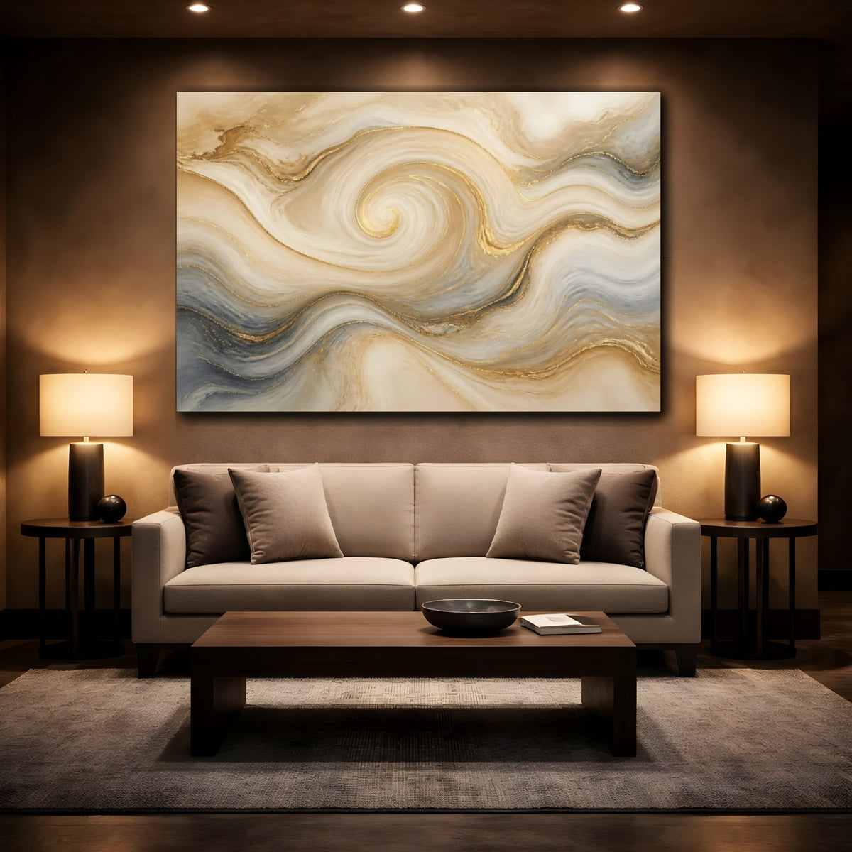 Mockup 2. Golden Marble Swirl shown as canvas print