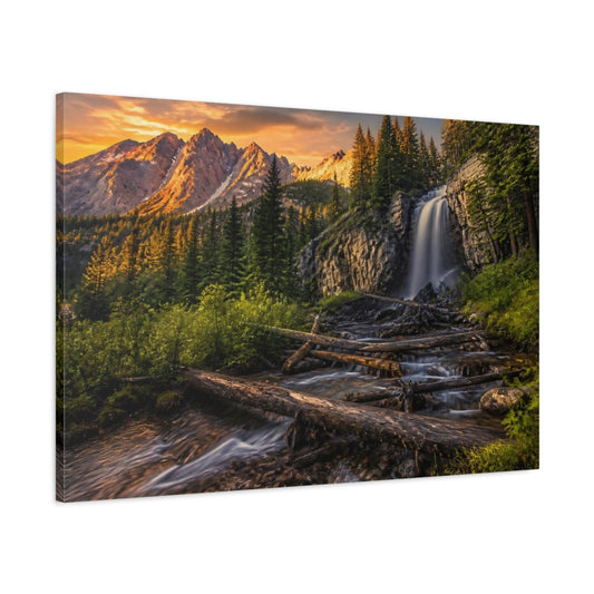 Main Mockup. Golden Mountain Waterfall Landscape shown as canvas print