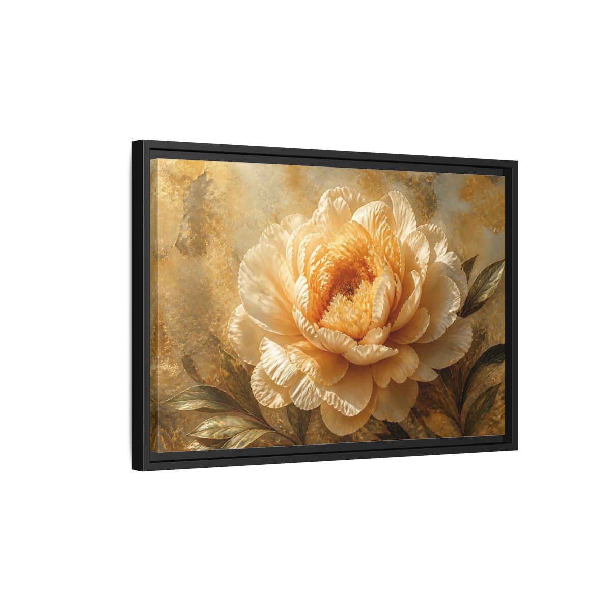 Side Mockup 3. Golden Peony Bloom shown as framed canvas print