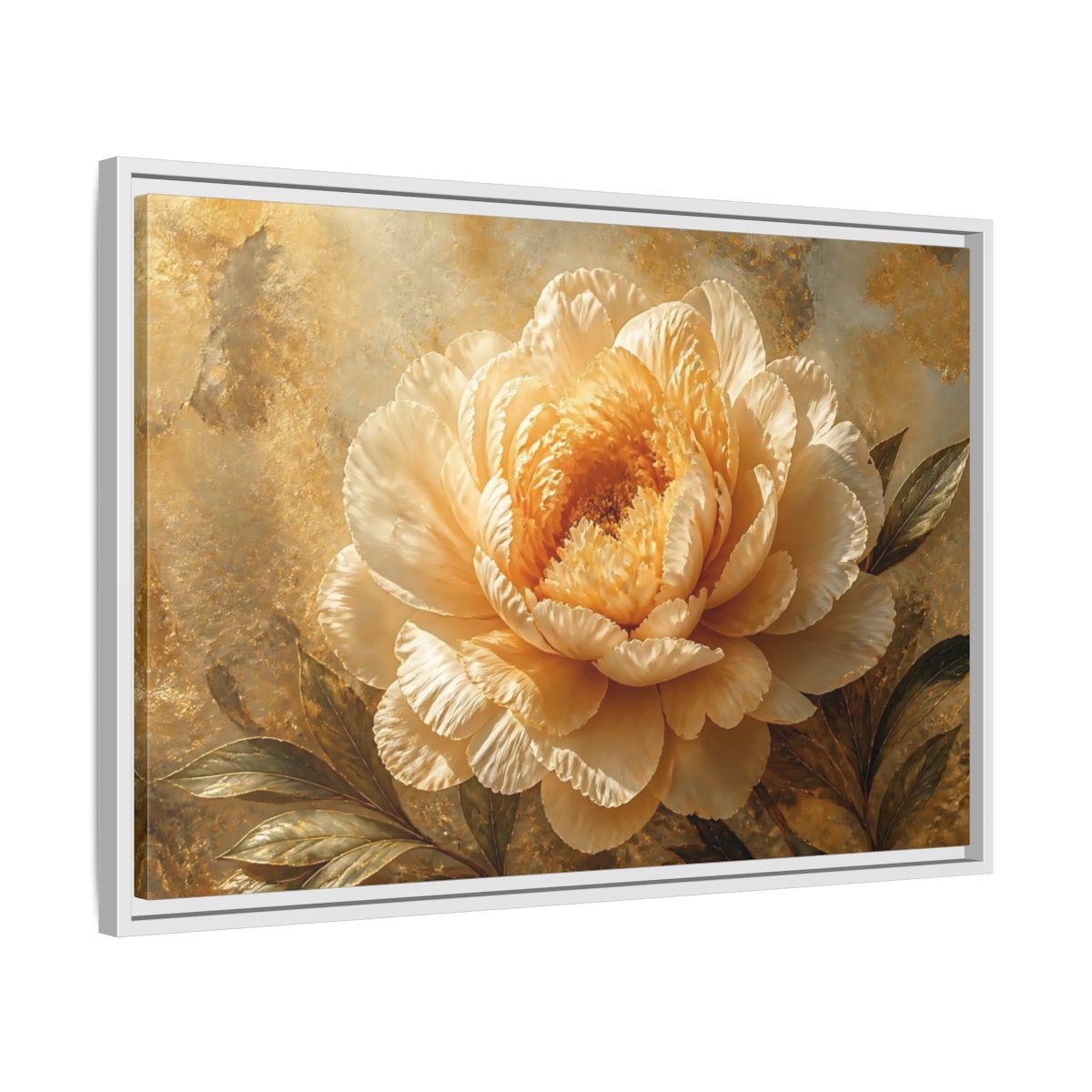 Side Mockup 10. Golden Peony Bloom shown as framed canvas print