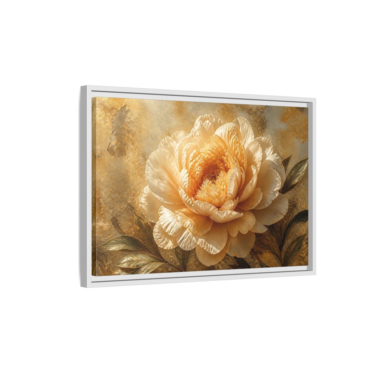 Side Mockup 1. Golden Peony Bloom shown as framed canvas print