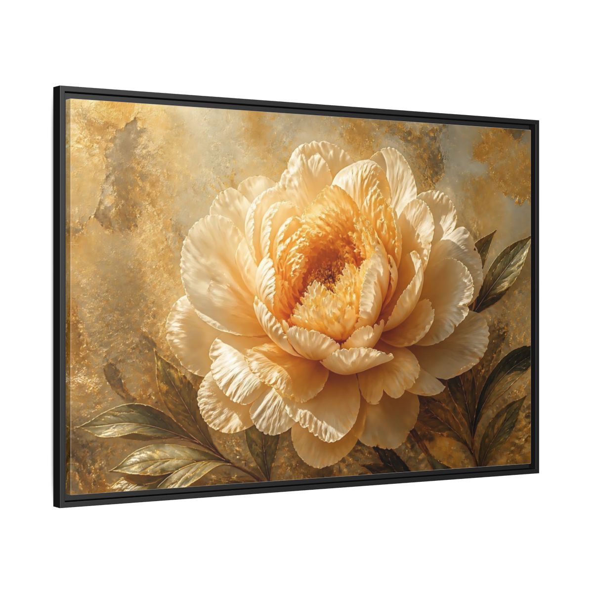Side Mockup 12. Golden Peony Bloom shown as framed canvas print