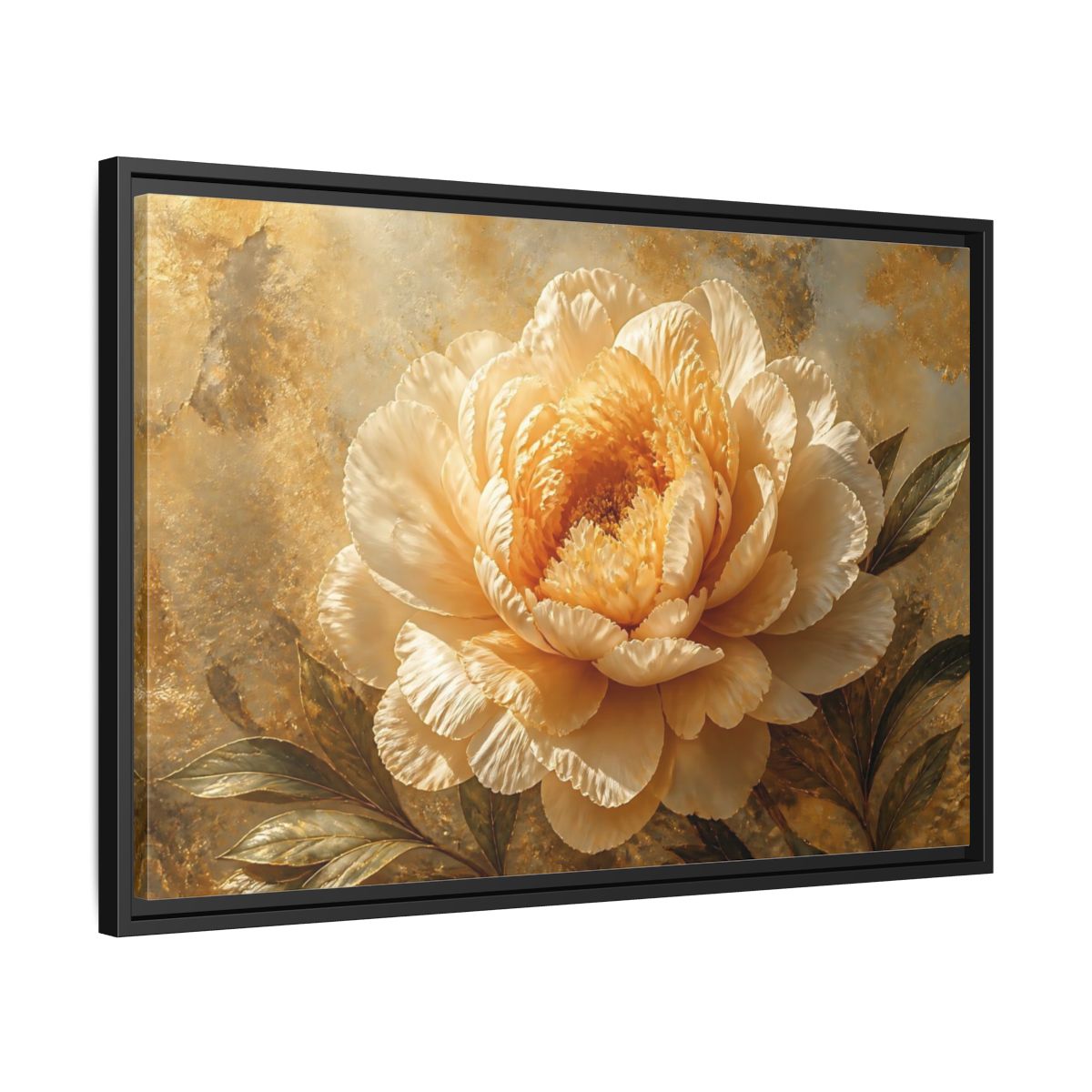 Side Mockup 14. Golden Peony Bloom shown as framed canvas print