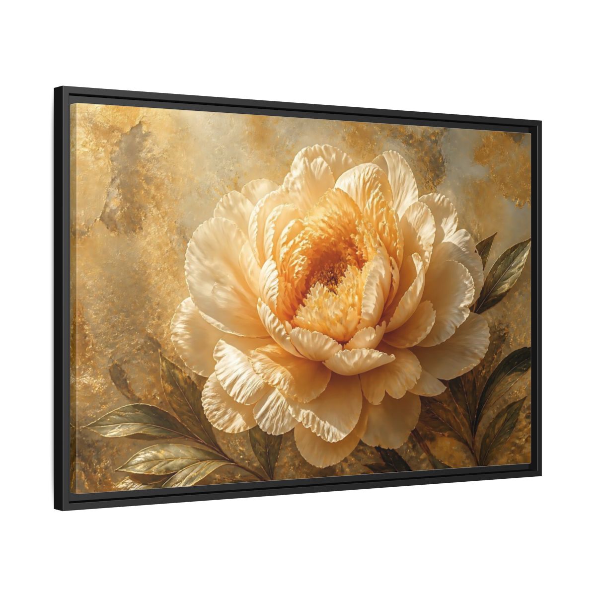 Side Mockup 13. Golden Peony Bloom shown as framed canvas print