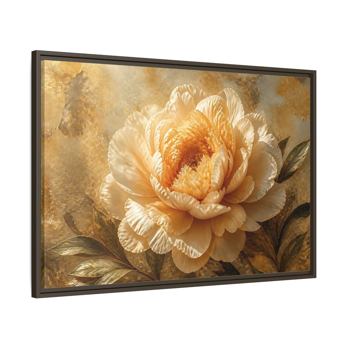 Main Mockup. Golden Peony Bloom shown as framed canvas print