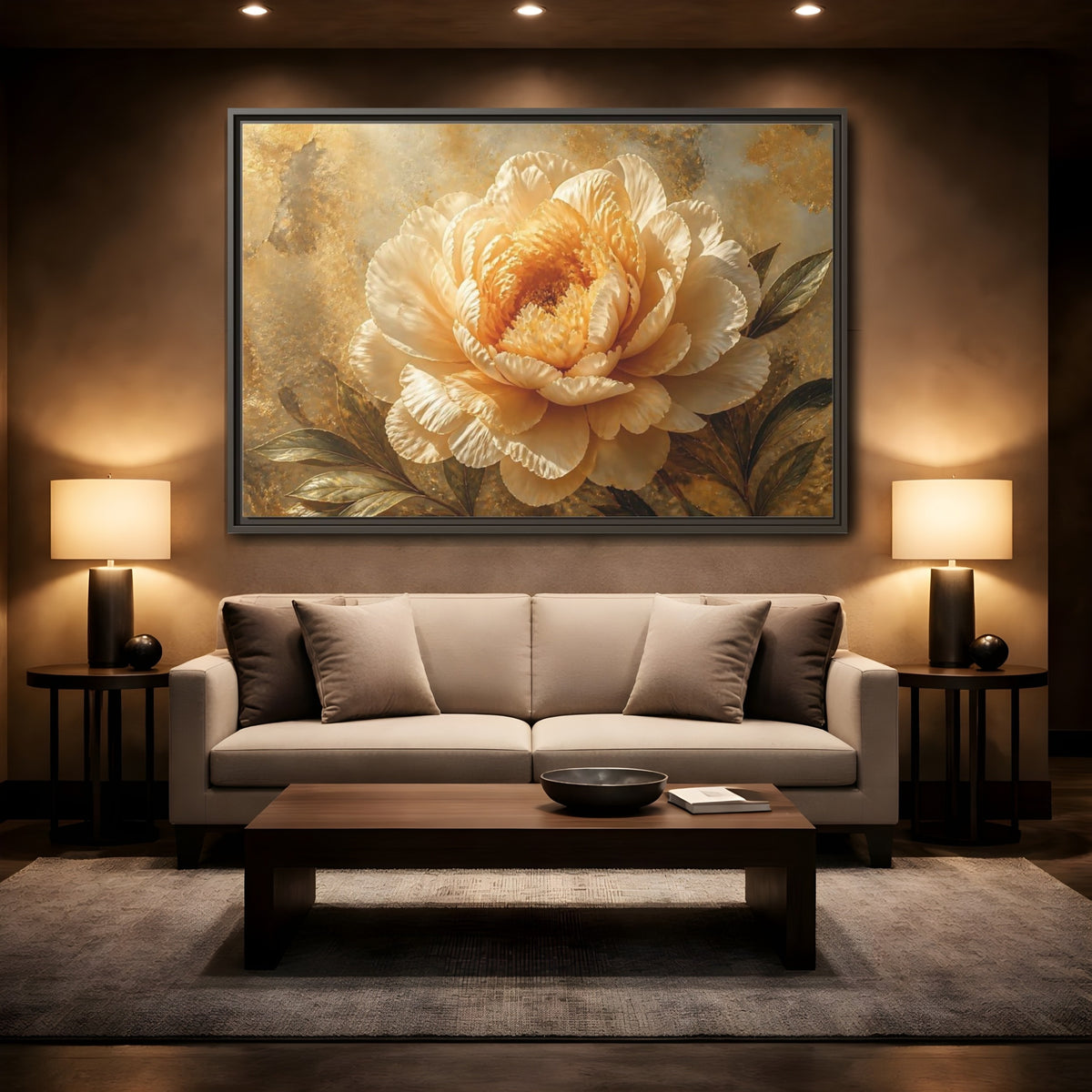 Mockup 2. Golden Peony Bloom shown as framed canvas print