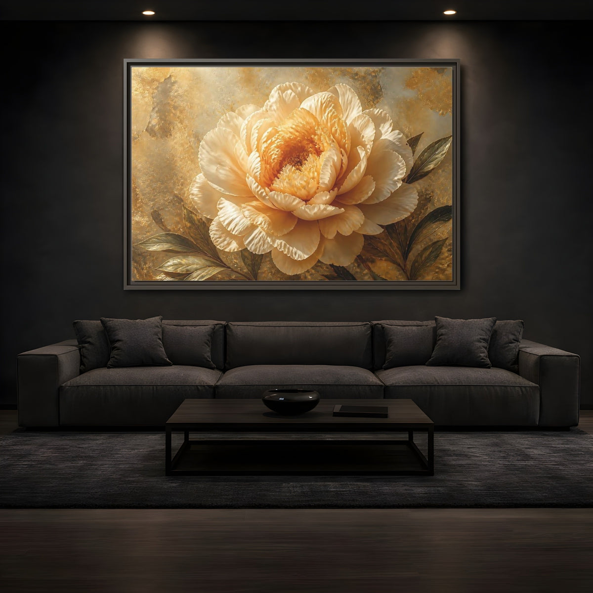 Mockup 3. Golden Peony Bloom shown as framed canvas print