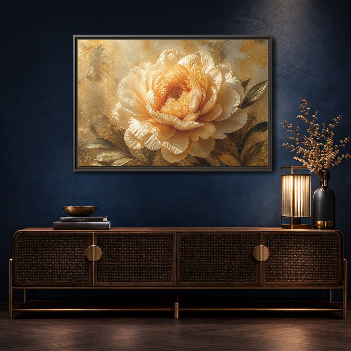 Mockup 4. Golden Peony Bloom shown as framed canvas print