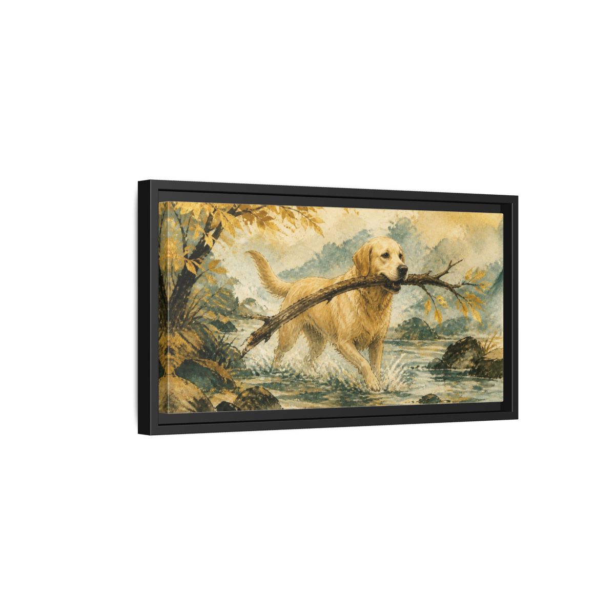 Side Mockup 8. Golden Retriever Pet Scene shown as framed canvas print