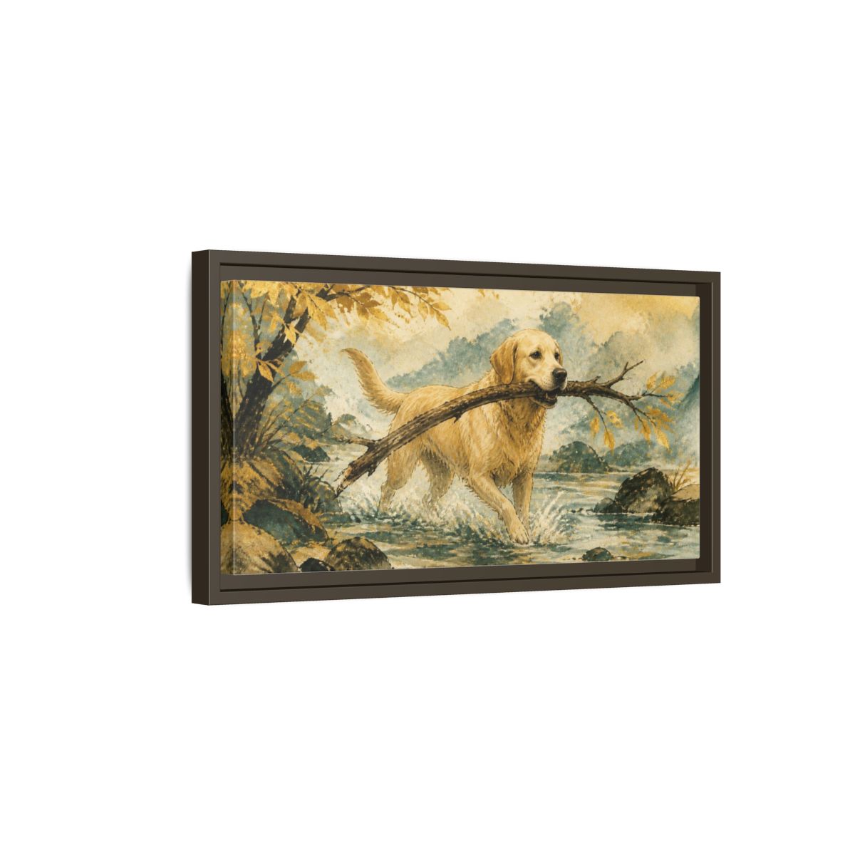 Side Mockup 7. Golden Retriever Pet Scene shown as framed canvas print