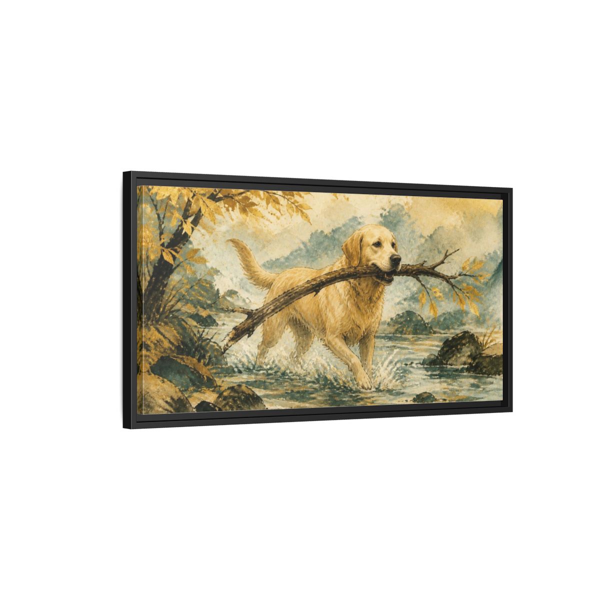 Side Mockup 2. Golden Retriever Pet Scene shown as framed canvas print