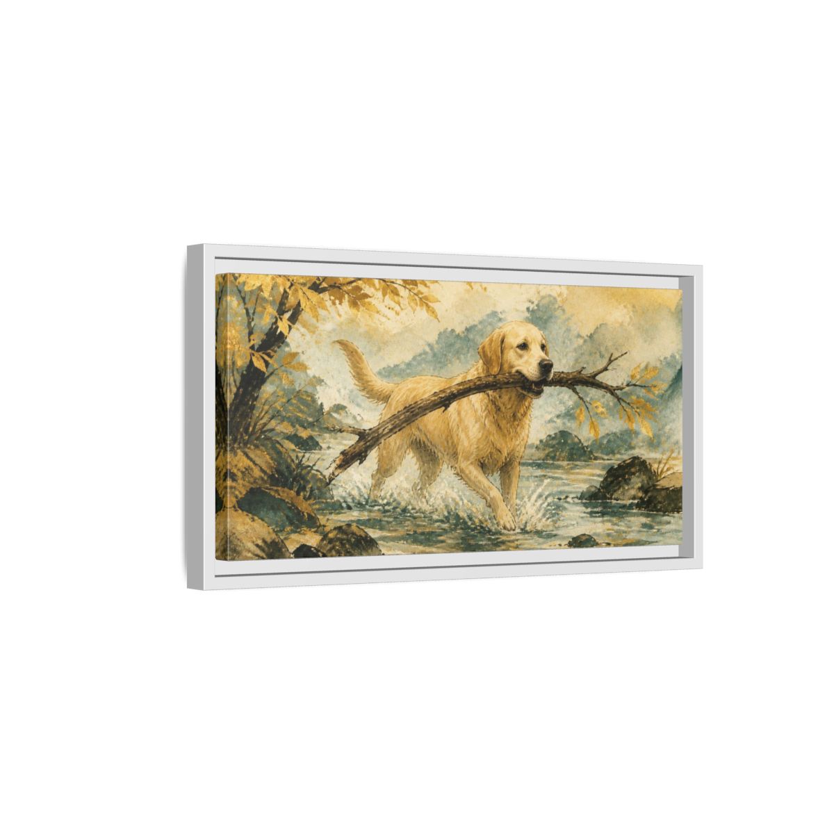 Side Mockup 6. Golden Retriever Pet Scene shown as framed canvas print