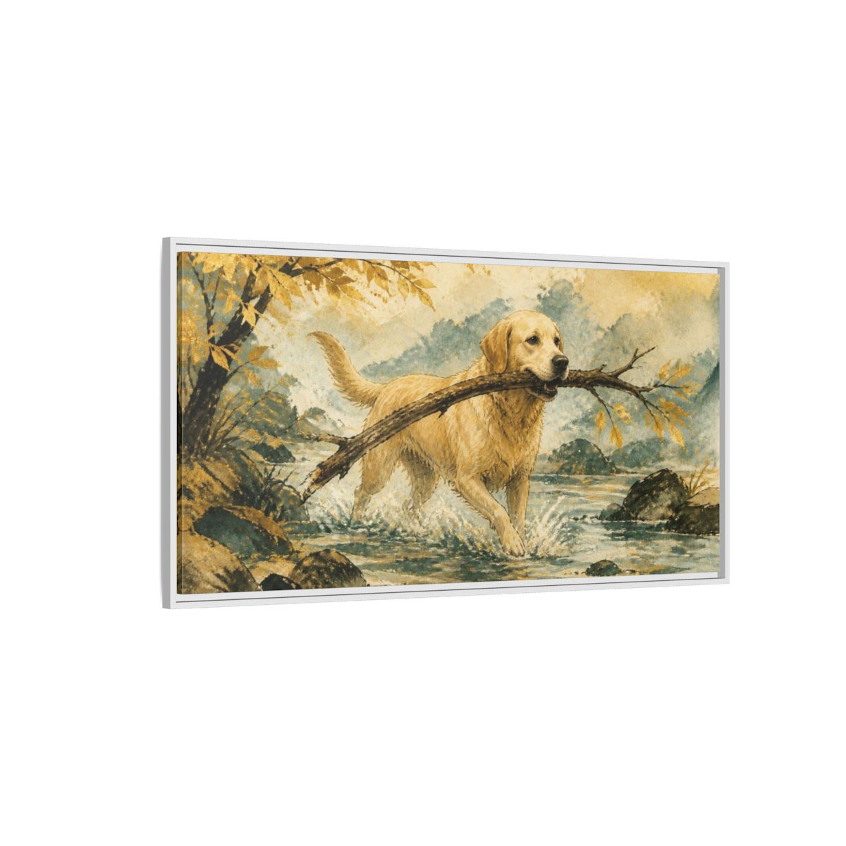 Side Mockup 3. Golden Retriever Pet Scene shown as framed canvas print