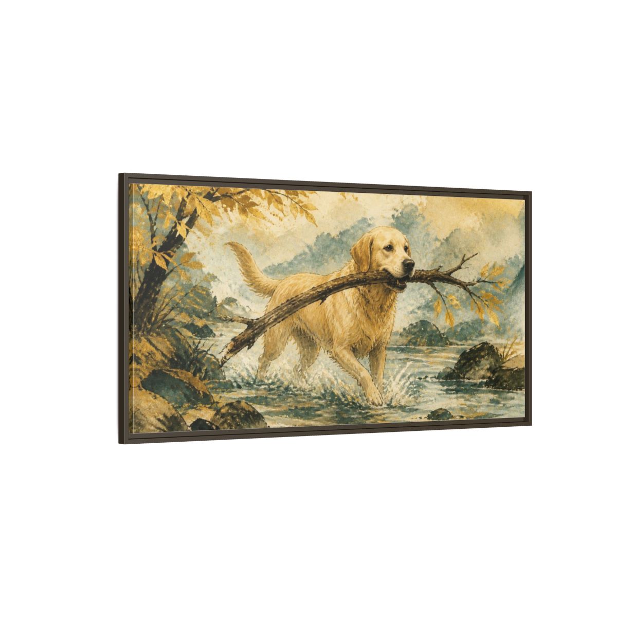 Side Mockup 4. Golden Retriever Pet Scene shown as framed canvas print