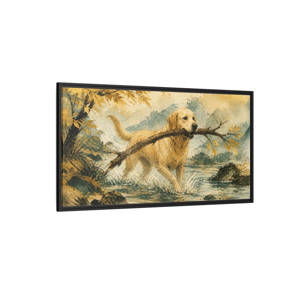 Side Mockup 5. Golden Retriever Pet Scene shown as framed canvas print