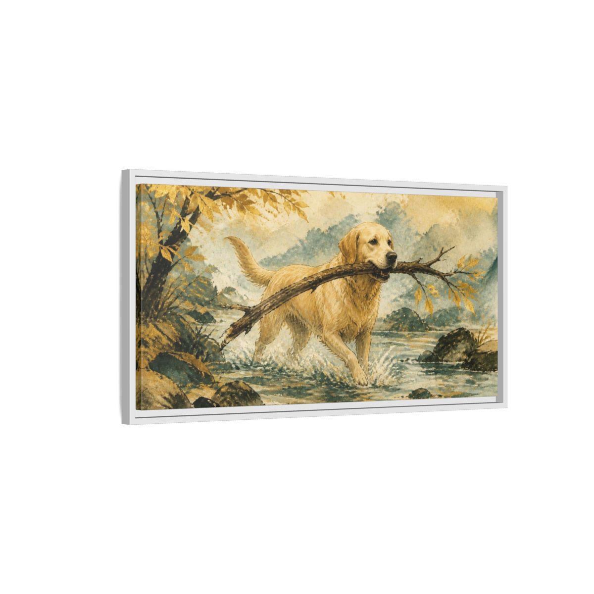 Side Mockup 1. Golden Retriever Pet Scene shown as framed canvas print
