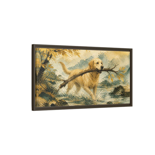 Main Mockup. Golden Retriever Pet Scene shown as framed canvas print