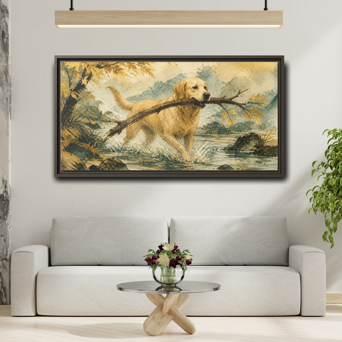 Mockup 2. Golden Retriever Pet Scene shown as framed canvas print
