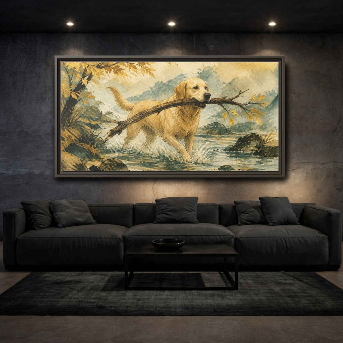 Mockup 3. Golden Retriever Pet Scene shown as framed canvas print