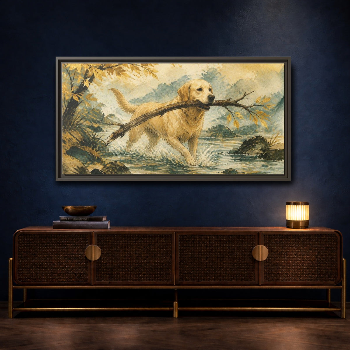 Mockup 4. Golden Retriever Pet Scene shown as framed canvas print