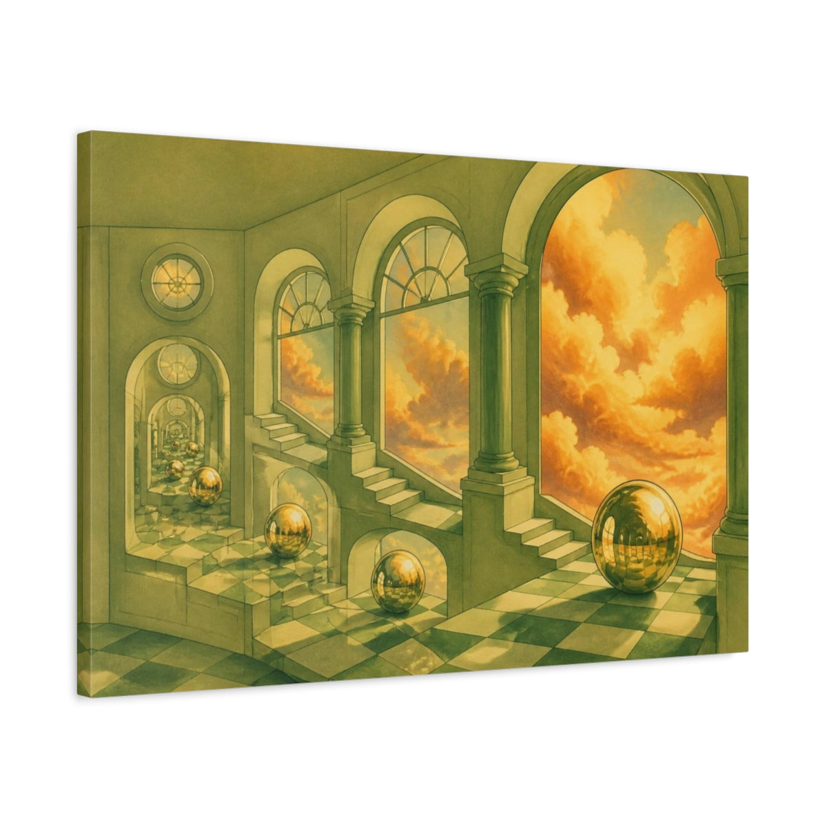 Side Mockup 2. Golden Sphere Illusion shown as canvas print