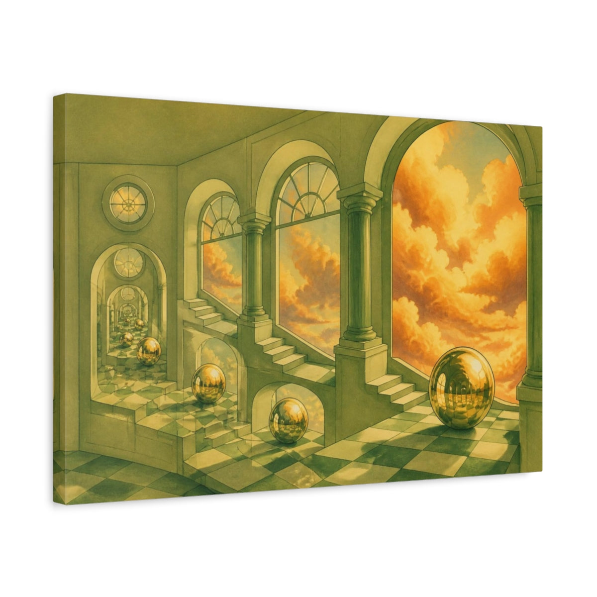 Side Mockup 3. Golden Sphere Illusion shown as canvas print