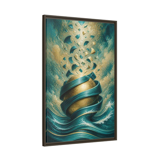 Main Mockup. Golden Sphere Illusion shown as framed canvas print