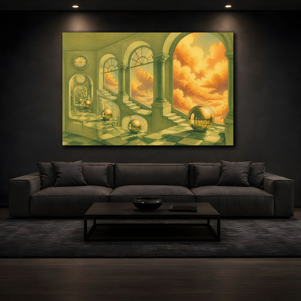 Mockup 3. Golden Sphere Illusion shown as canvas print