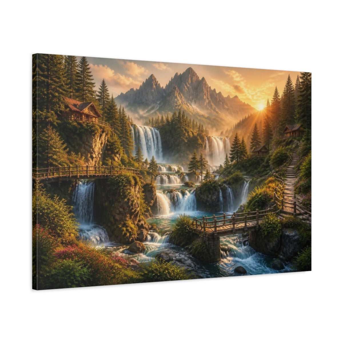 Main Mockup. Golden Waterfall Landscape shown as canvas print