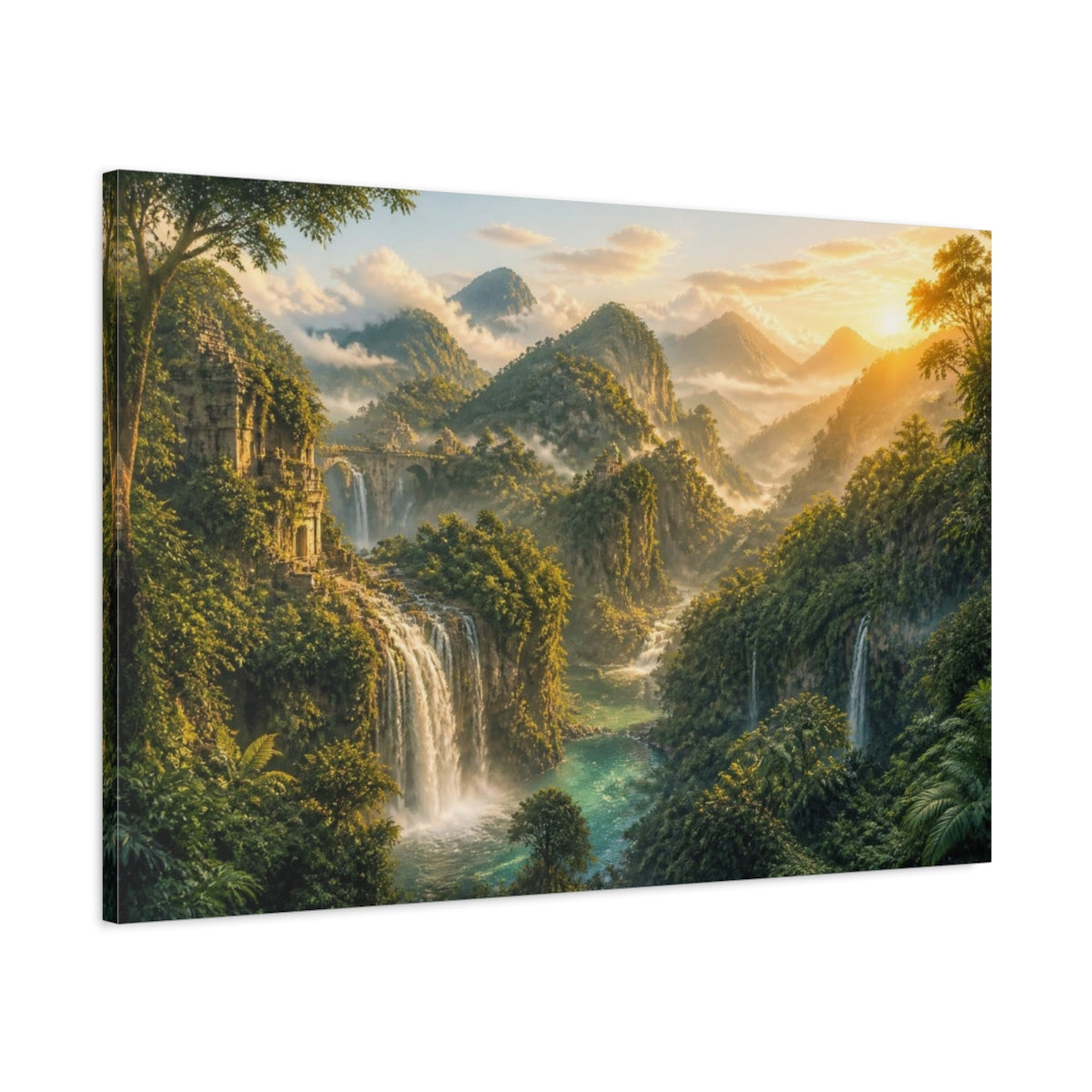 Main Mockup. Golden Waterfall Landscape shown as canvas print