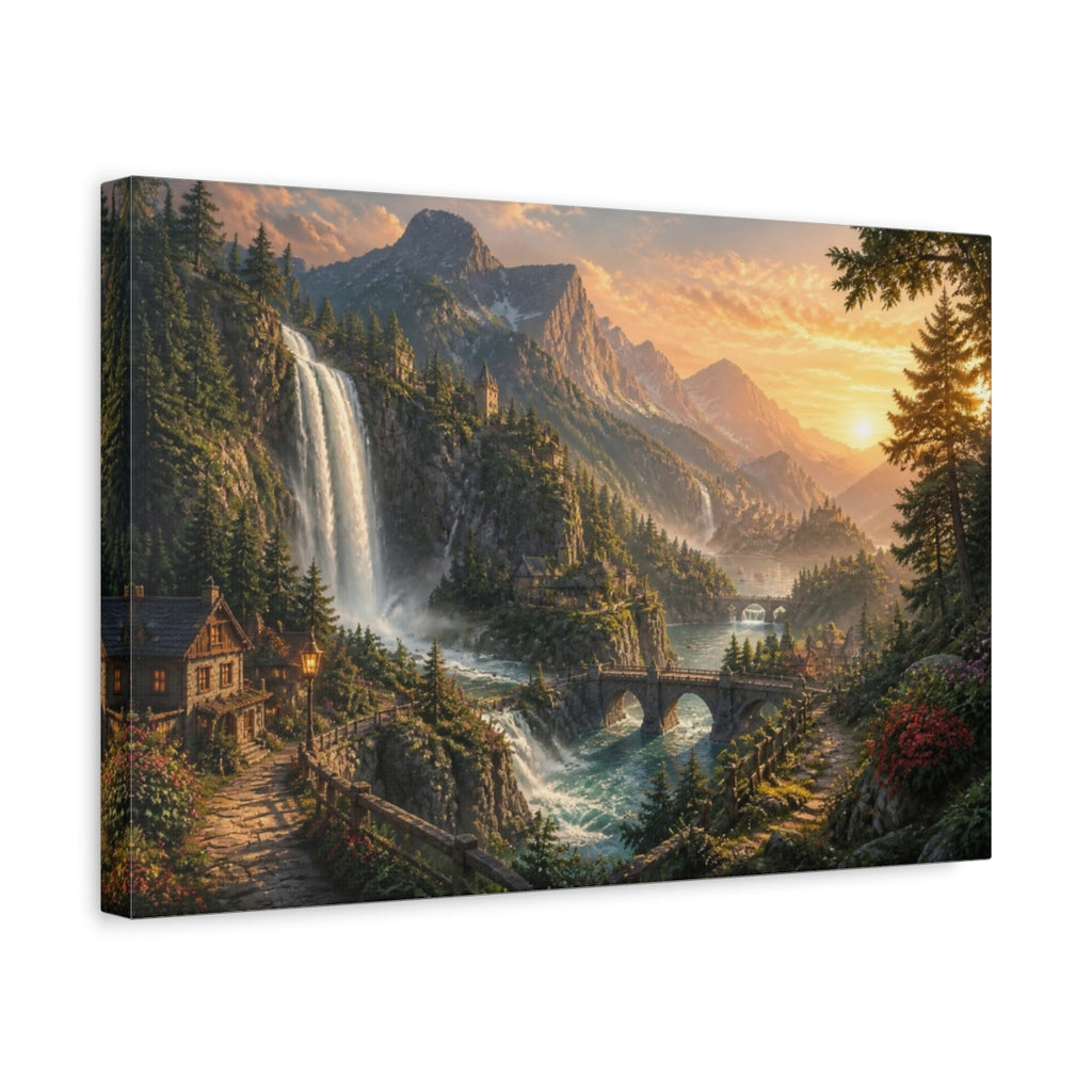 Side Mockup 4. Golden Waterfall Landscape shown as canvas print