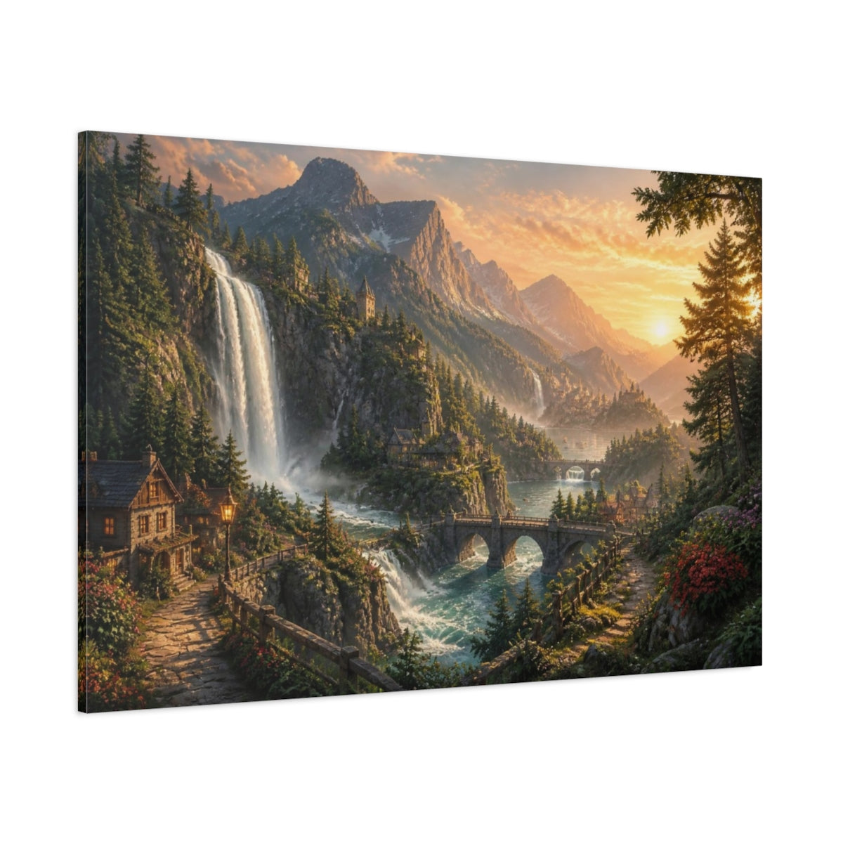 Side Mockup 1. Golden Waterfall Landscape shown as canvas print