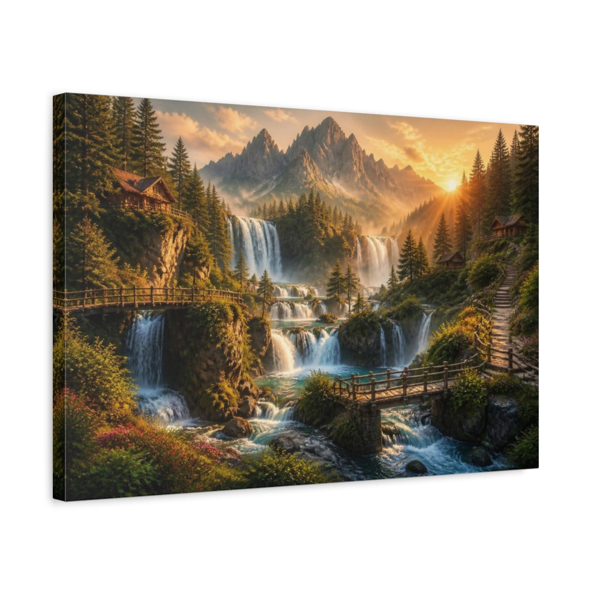 Side Mockup 3. Golden Waterfall Landscape shown as canvas print