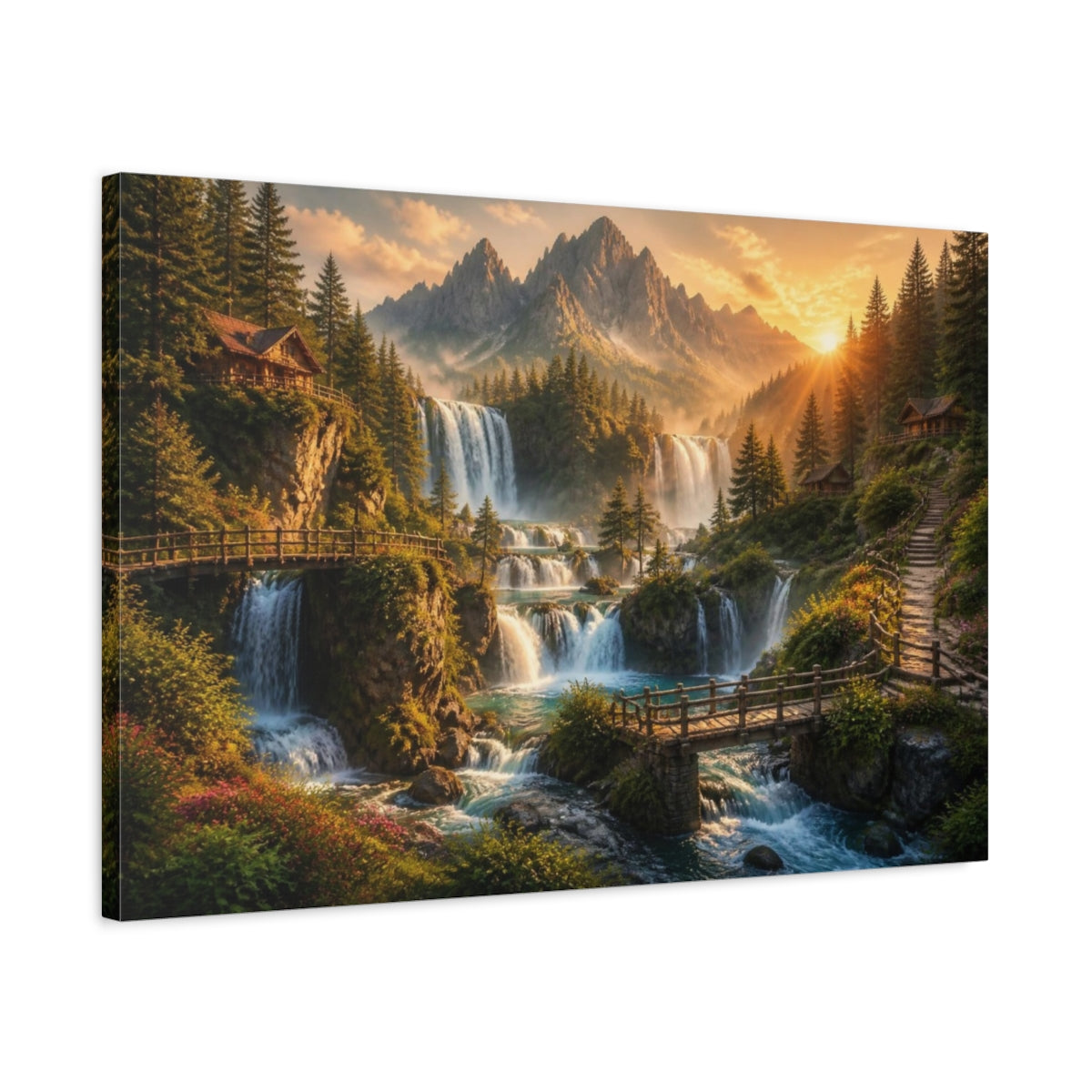Side Mockup 2. Golden Waterfall Landscape shown as canvas print
