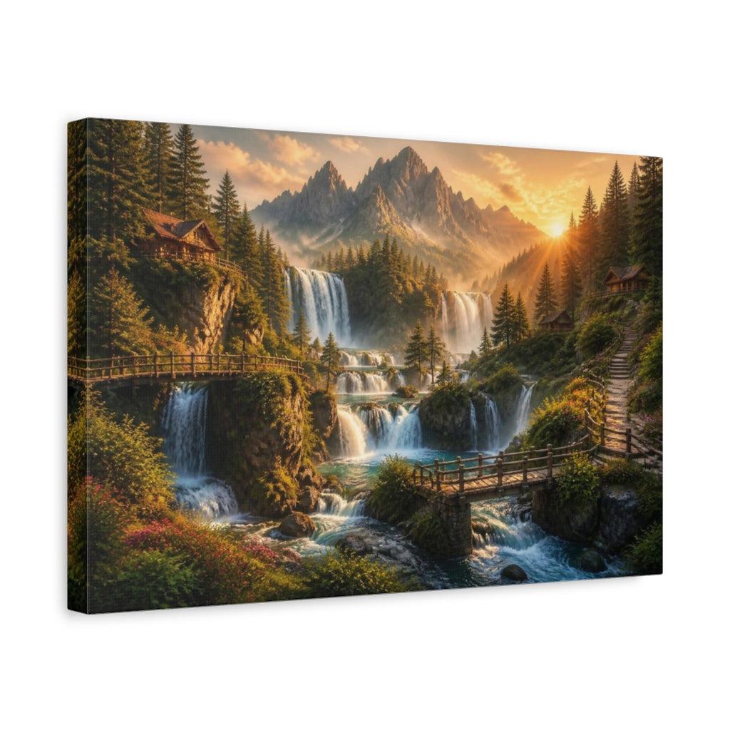 Side Mockup 4. Golden Waterfall Landscape shown as canvas print