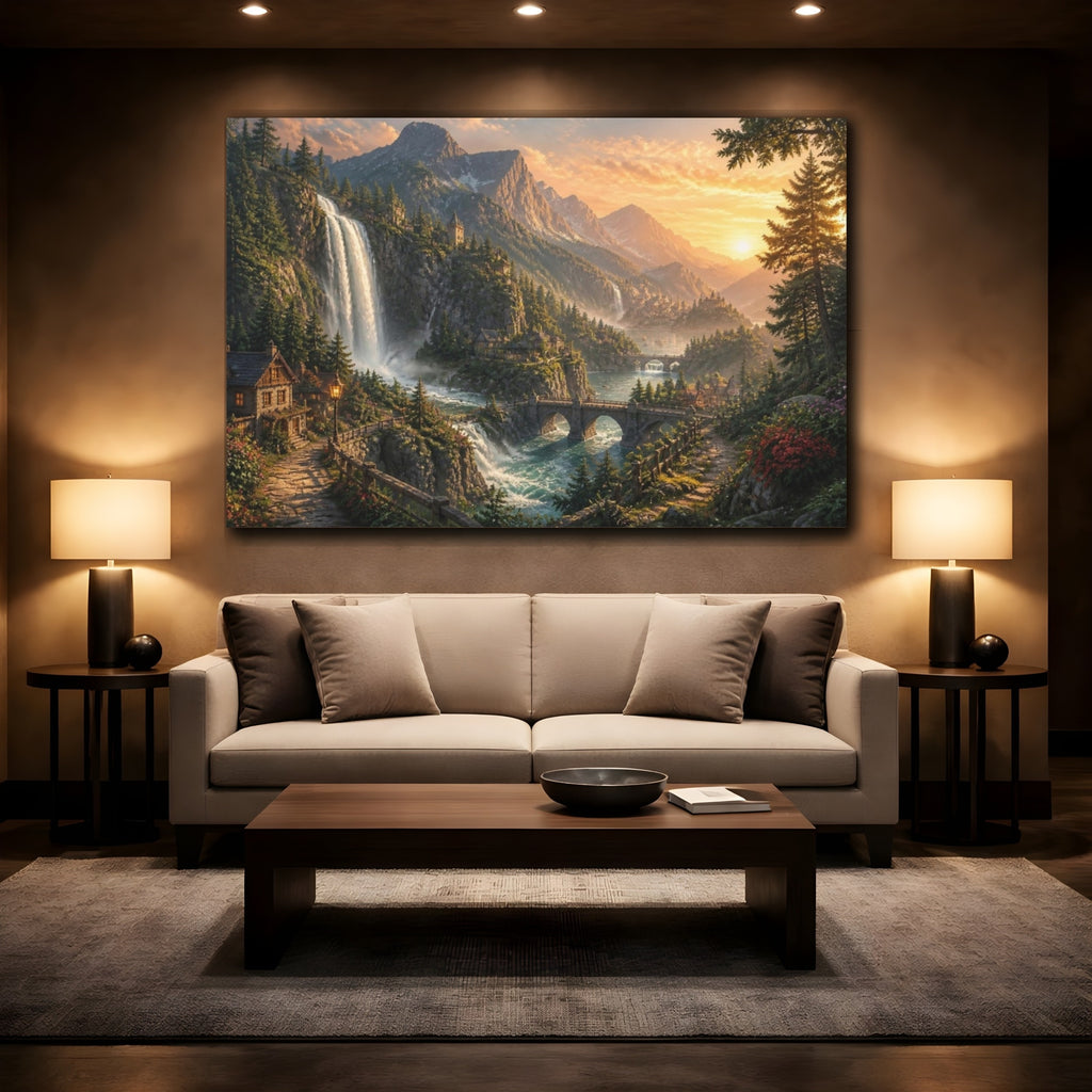 Mockup 2. Golden Waterfall Landscape shown as canvas print